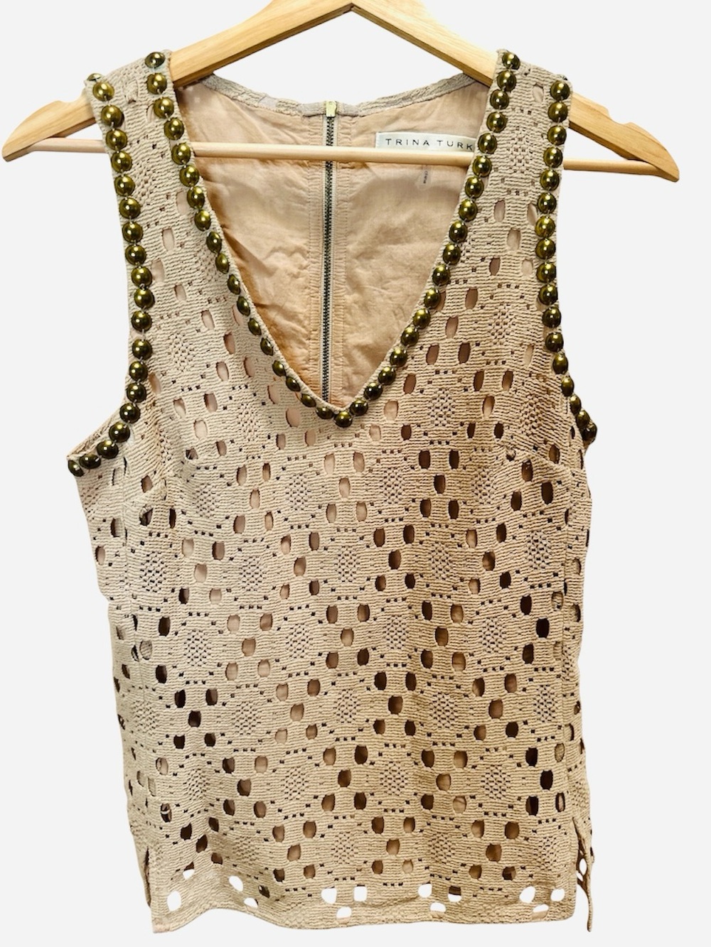 Trina Turk Petite Small 100% Cotton Crochet Studded Shell Top Boho Resort